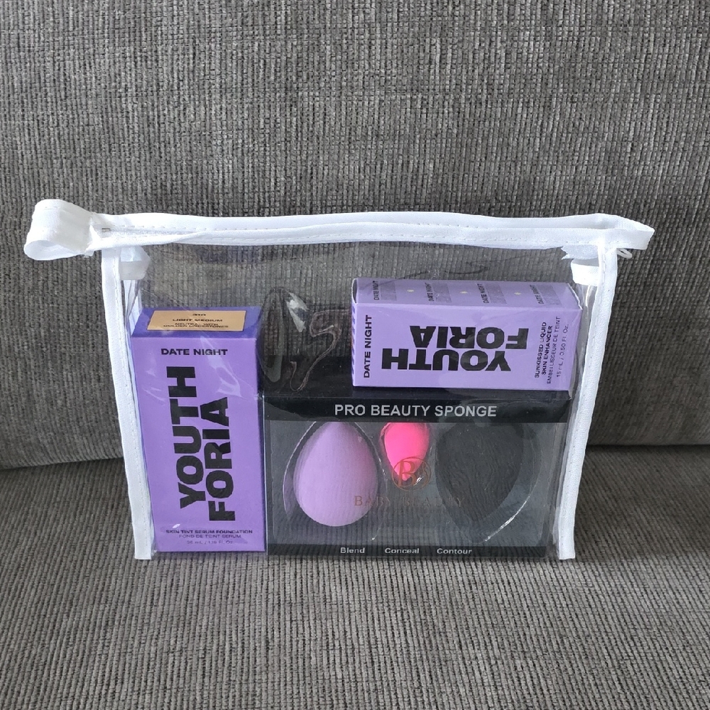 Youthforia Date Night Foundation And Skin Enhancer Set With Beauty Sponges, New.